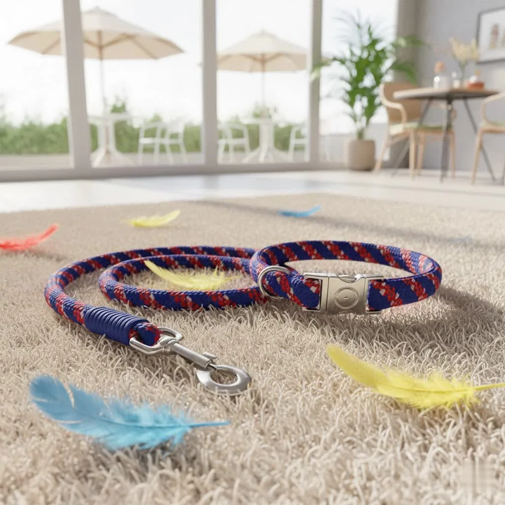 Small dog wearing a red harness and leash