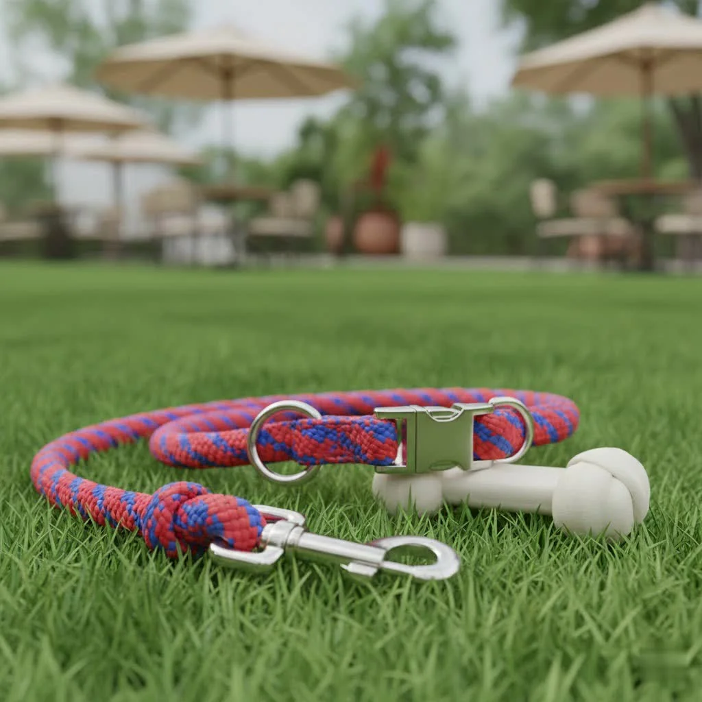 Two dogs walking on a tangle-free leash