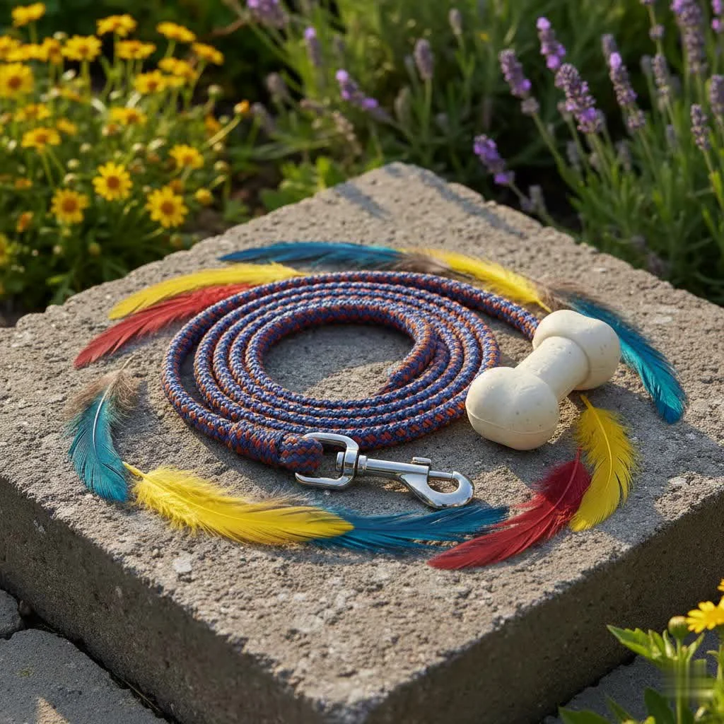 Dog walking with a bungee cord leash in a park