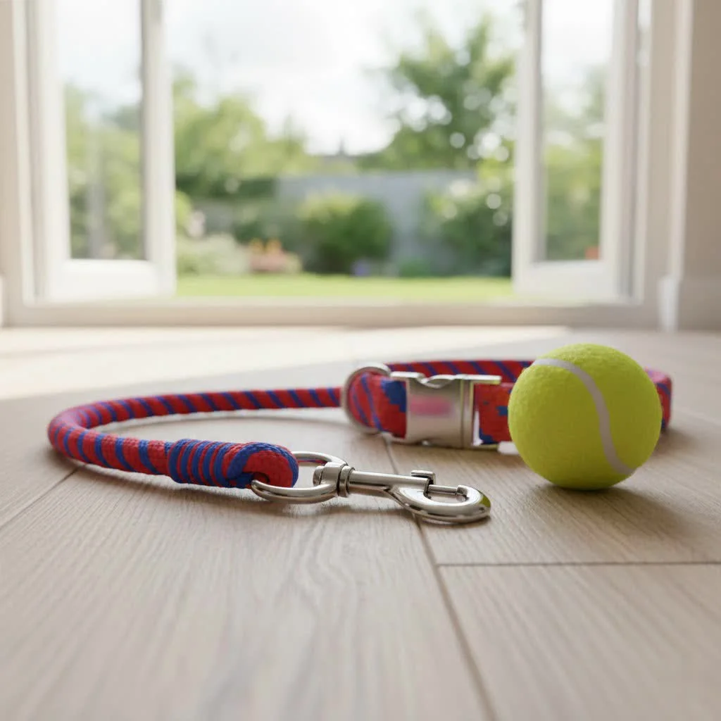 Dog exploring on a long leash in an open field
